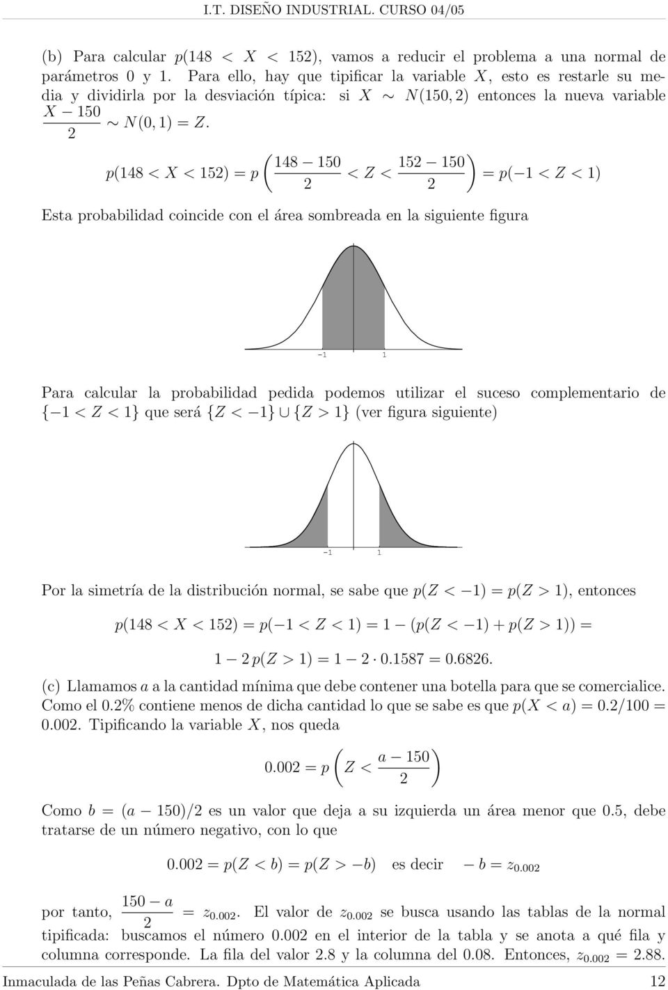 ( 148 150 p(148 < X < 15) = p < Z < ) 15 150 = p( 1 < Z < 1) Esta probabilidad coincide con el área sombreada en la siguiente figura -1 1 Para calcular la probabilidad pedida podemos utilizar el