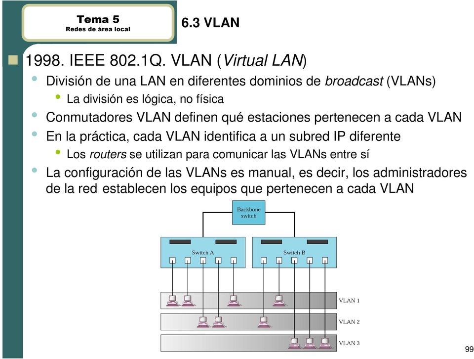 Conmutadores VLAN definen qué estaciones pertenecen a cada VLAN En la práctica, cada VLAN identifica a un subred IP