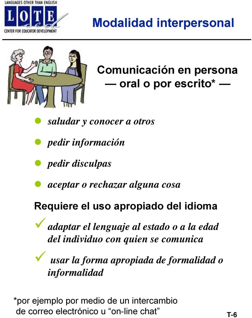 adaptar el lenguaje al estado o a la edad del individuo con quien se comunica usar la forma apropiada