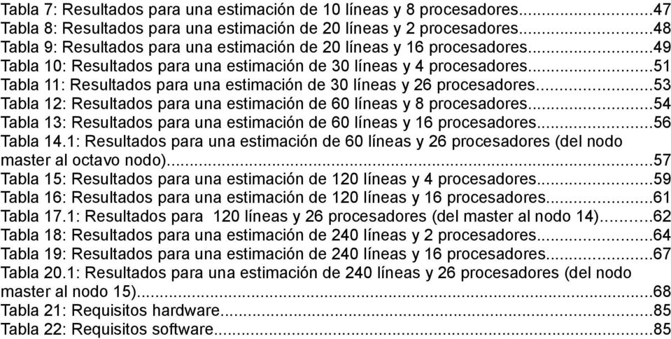 ..51 Tabla 11: Resultados para una estimación de 30 líneas y 26 procesadores...53 Tabla 12: Resultados para una estimación de 60 líneas y 8 procesadores.