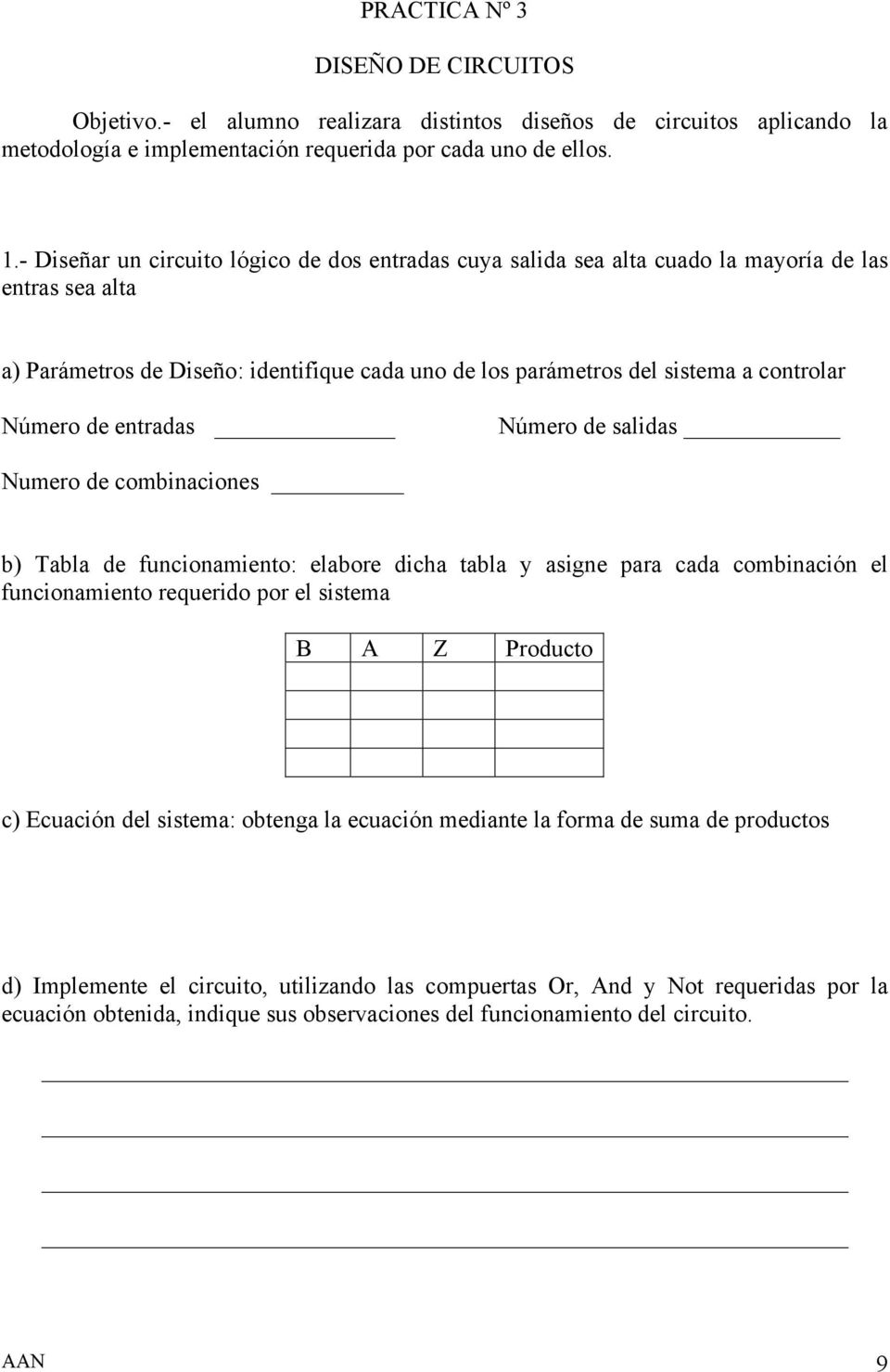 Número de entradas Número de salidas Numero de combinaciones b) Tabla de funcionamiento: elabore dicha tabla y asigne para cada combinación el funcionamiento requerido por el sistema B A Z Producto