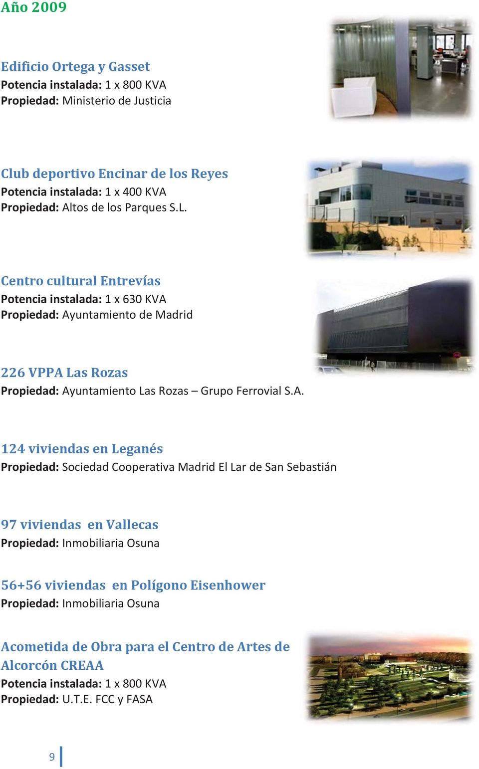 Centro cultural Entrevías Potencia instalada: 1 x 630 KVA Propiedad: Ayuntamiento de Madrid 226 VPPA Las Rozas Propiedad: Ayuntamiento Las Rozas Grupo Ferrovial