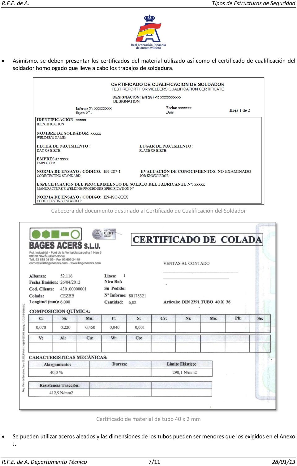 Cabecera del documento destinado al Certificado de Cualificación del Soldador Certificado de material de tubo 40 x