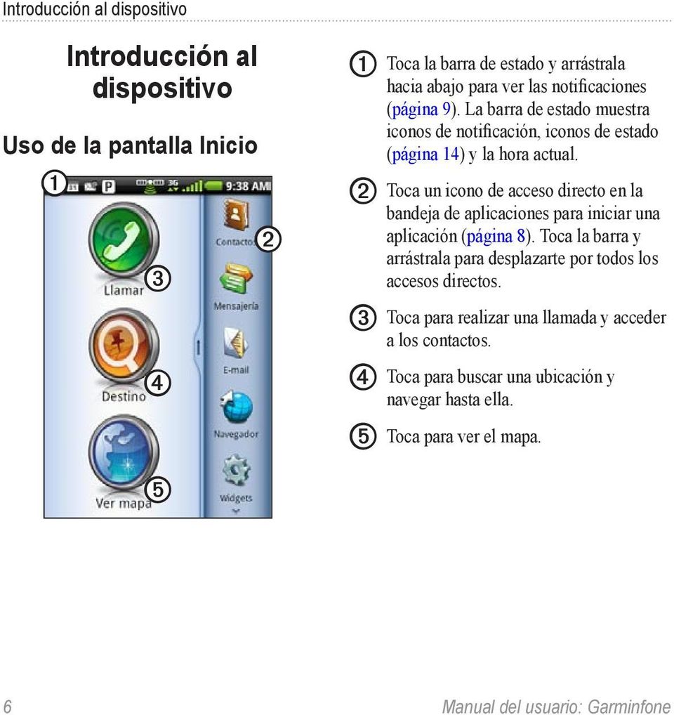 ➋ Toca un icono de acceso directo en la bandeja de aplicaciones para iniciar una aplicación (página 8).
