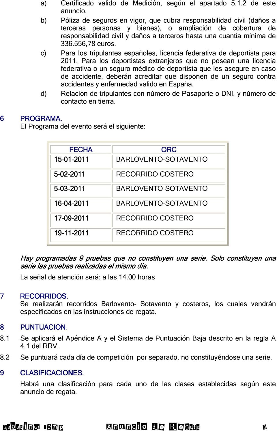 336.556,78 euros. c) Para los tripulantes españoles, licencia federativa de deportista para 2011.