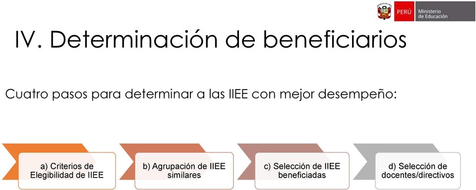 Elegibilidad de IIEE b) Agrupación de IIEE similares c)