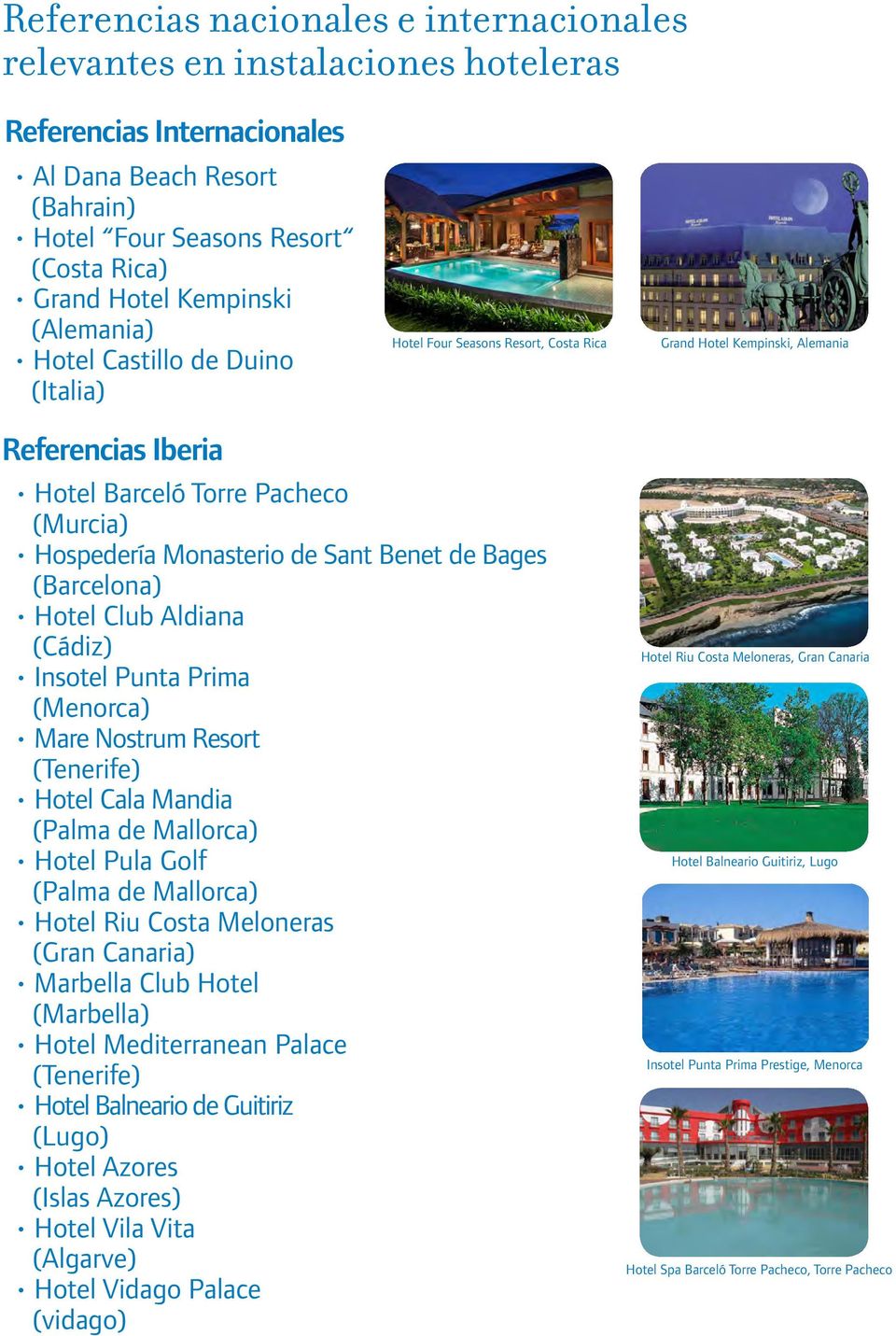 Benet de Bages (Barcelona) Hotel Club Aldiana (Cádiz) Insotel Punta Prima (Menorca) Mare Nostrum Resort (Tenerife) Hotel Cala Mandia (Palma de Mallorca) Hotel Pula Golf (Palma de Mallorca) Hotel Riu