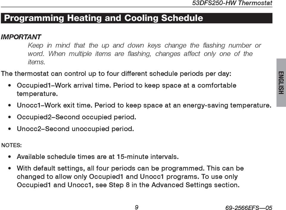 Period to keep space at a comfortable temperature. Unocc1 Work exit time. Period to keep space at an energy-saving temperature. Occupied2 Second occupied period. Unocc2 Second unoccupied period.