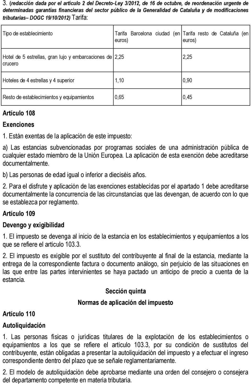Cataluña (en euros) Hoteles de 4 estrellas y 4 superior 1,10 0,90 Resto de establecimientos y equipamientos 0,65 0,45 Artículo 108 Exenciones 1.