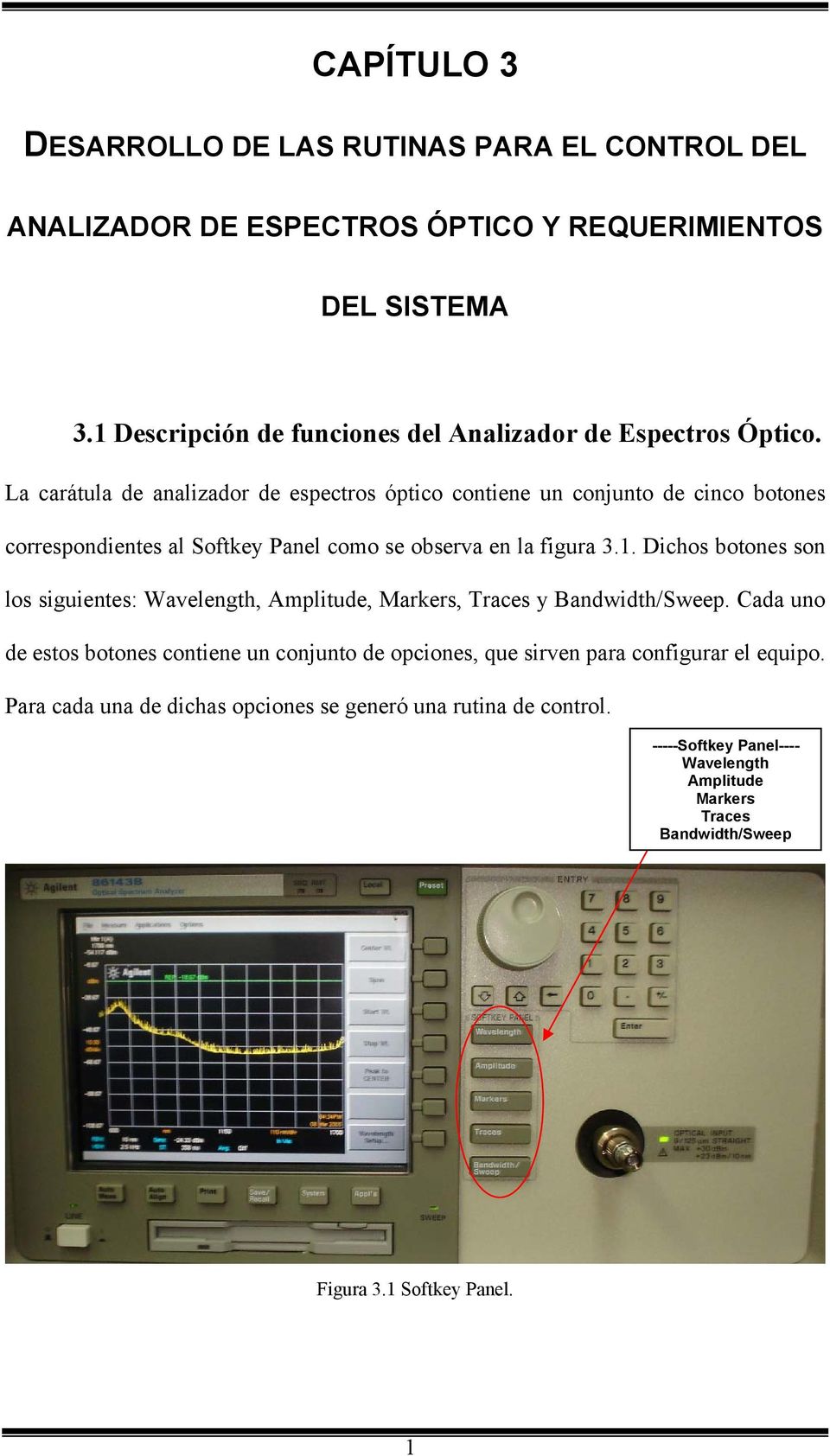 La carátula de analizador de espectros óptico contiene un conjunto de cinco botones correspondientes al Softkey Panel como se observa en la figura 3.1.