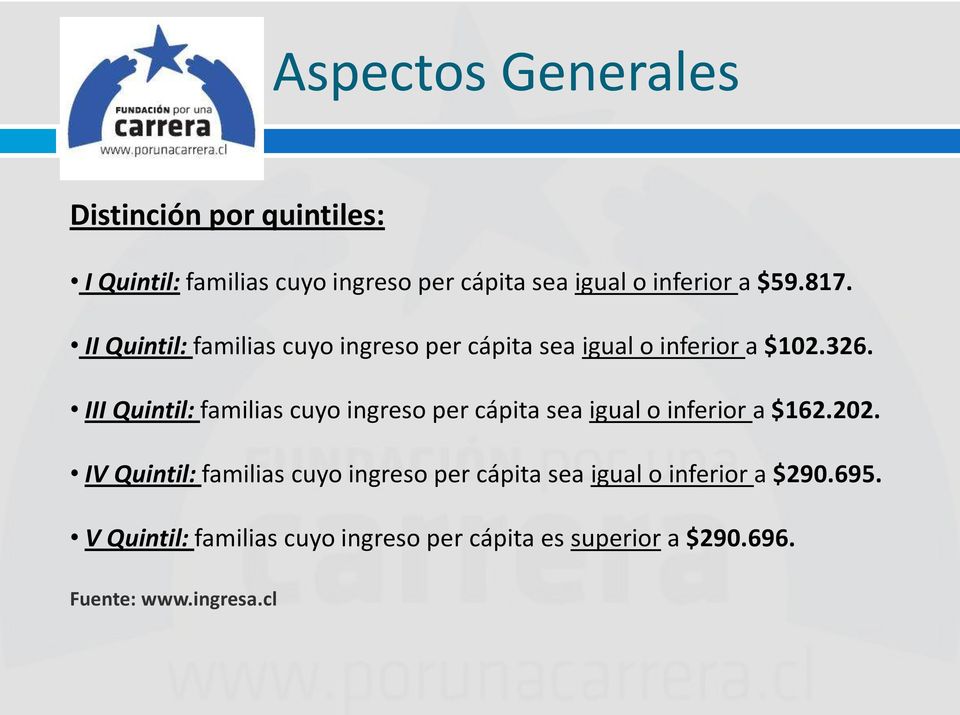 III Quintil: familias cuyo ingreso per cápita sea igual o inferior a $162.202.