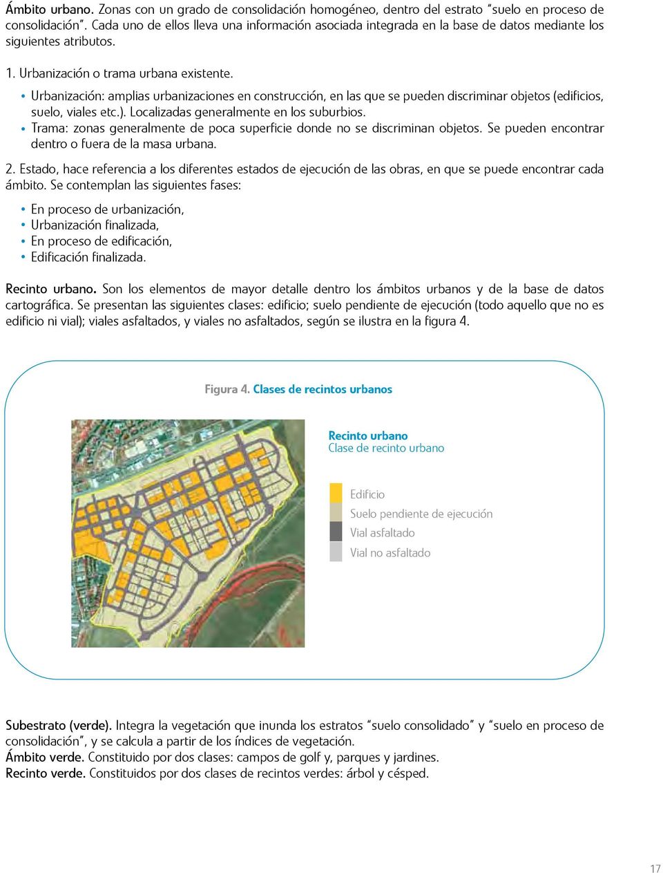 Urbanización: amplias urbanizaciones en construcción, en las que se pueden discriminar objetos (edificios, suelo, viales etc.). Localizadas generalmente en los suburbios.