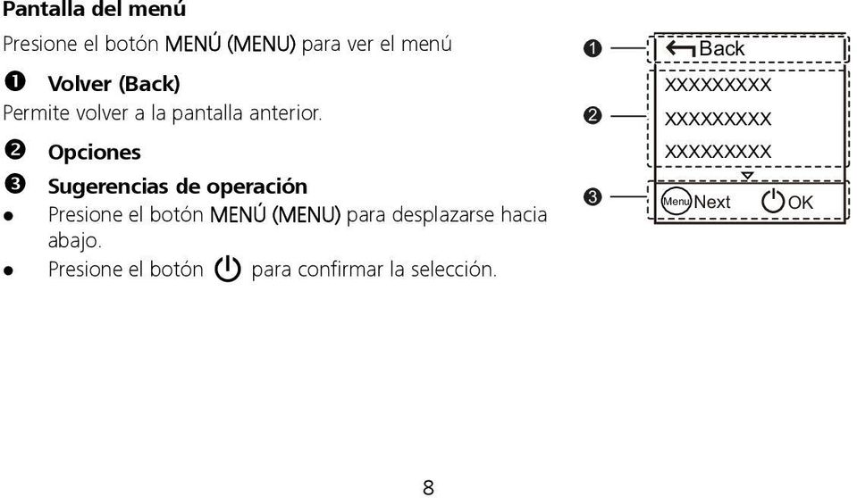 Opciones Sugerencias de operación Presione el botón MENÚ (MENU) para