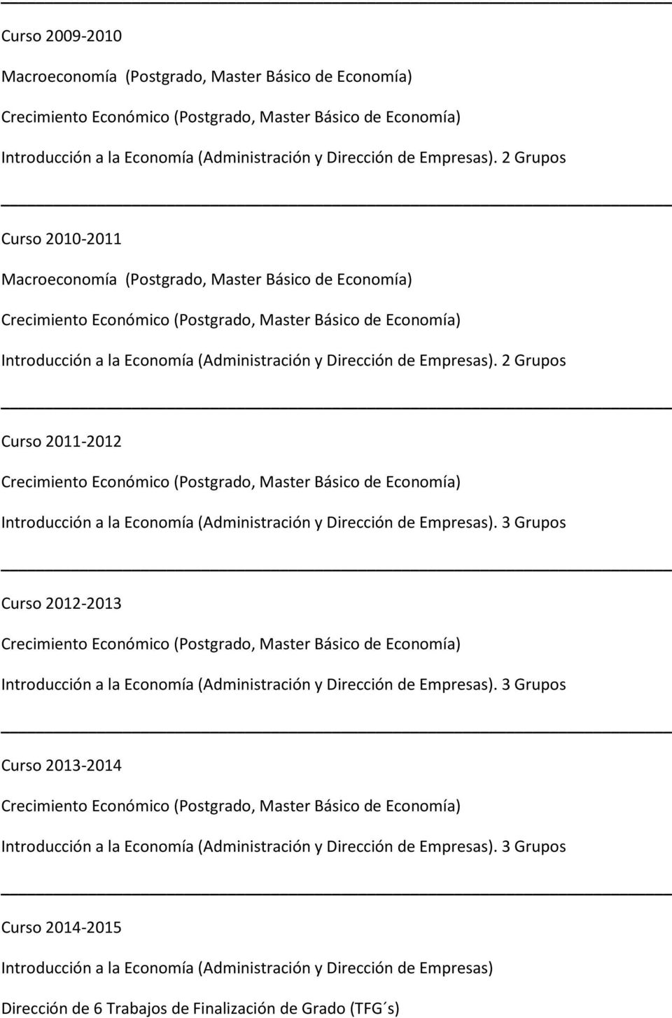 Empresas). 2 Grupos Curso 2011-2012 Crecimiento Económico (Postgrado, Master Básico de Economía) Introducción a la Economía (Administración y Dirección de Empresas).