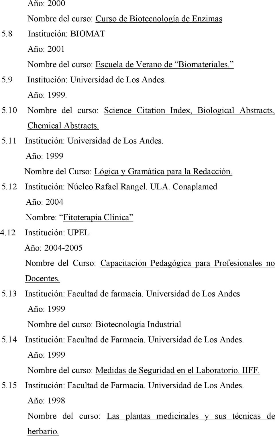 Año: 1999 Nombre del Curso: Lógica y Gramática para la Redacción. 5.12 Institución: Núcleo Rafael Rangel. ULA. Conaplamed Año: 2004 Nombre: Fitoterapia Clínica 4.