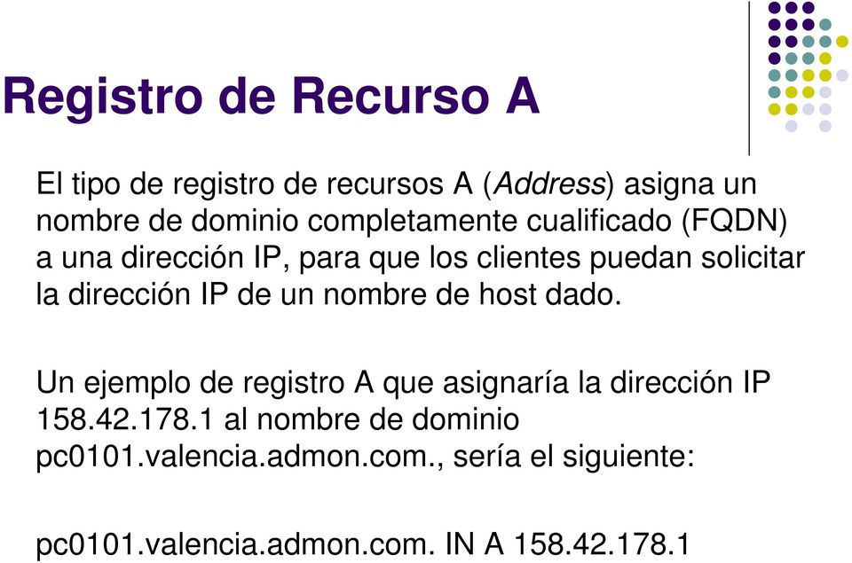 dirección IP de un nombre de host dado. Un ejemplo de registro A que asignaría la dirección IP 158.42.