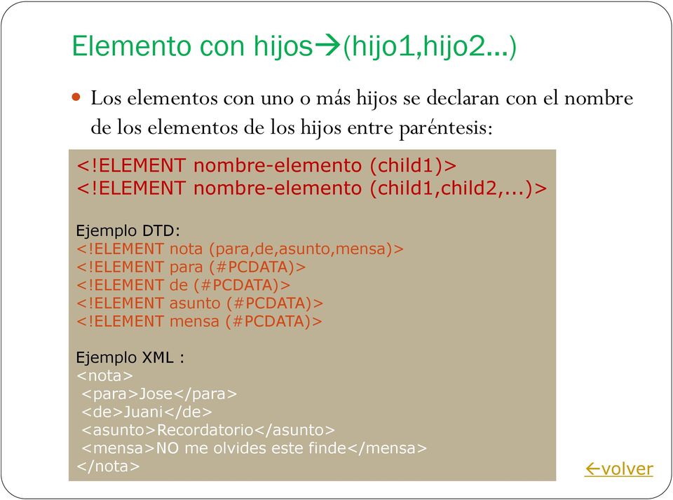 ELEMENT nota (para,de,asunto,mensa)> <!ELEMENT para (#PCDATA)> <!ELEMENT de (#PCDATA)> <!ELEMENT asunto (#PCDATA)> <!