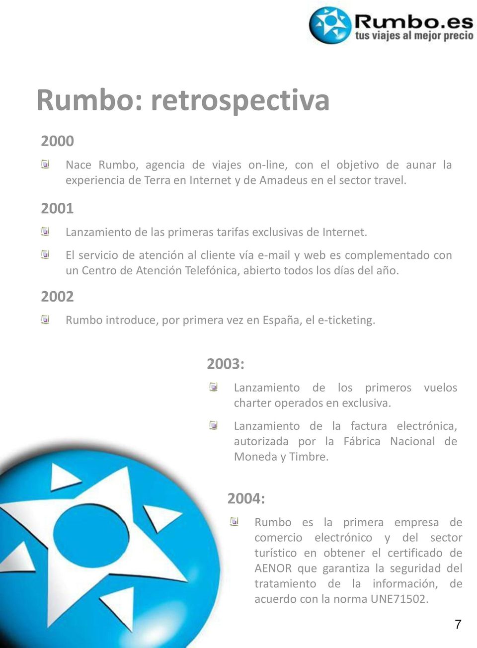 Rumbo introduce, por primera vez en España, el e-ticketing. 2003: Lanzamiento de los primeros vuelos charter operados en exclusiva.