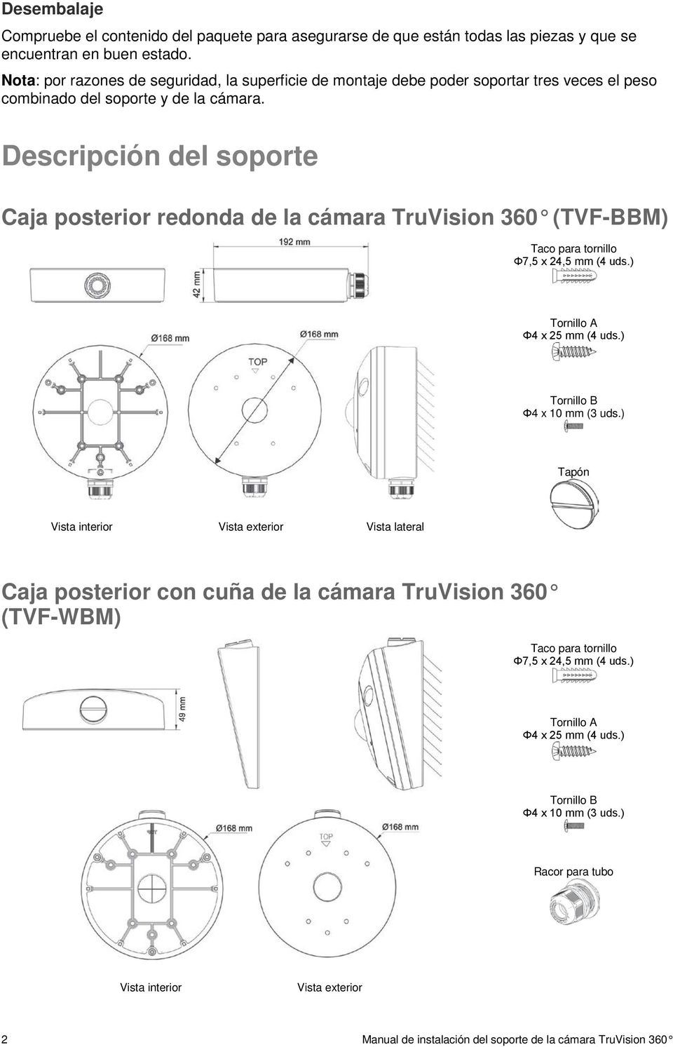 Descripción del soporte Caja posterior redonda de la cámara TruVision 360 (TVF-BBM) Taco para tornillo Φ7,5 x 24,5 mm (4 uds.) Tornillo A Φ4 x 25 mm (4 uds.) Tornillo B Φ4 x 10 mm (3 uds.
