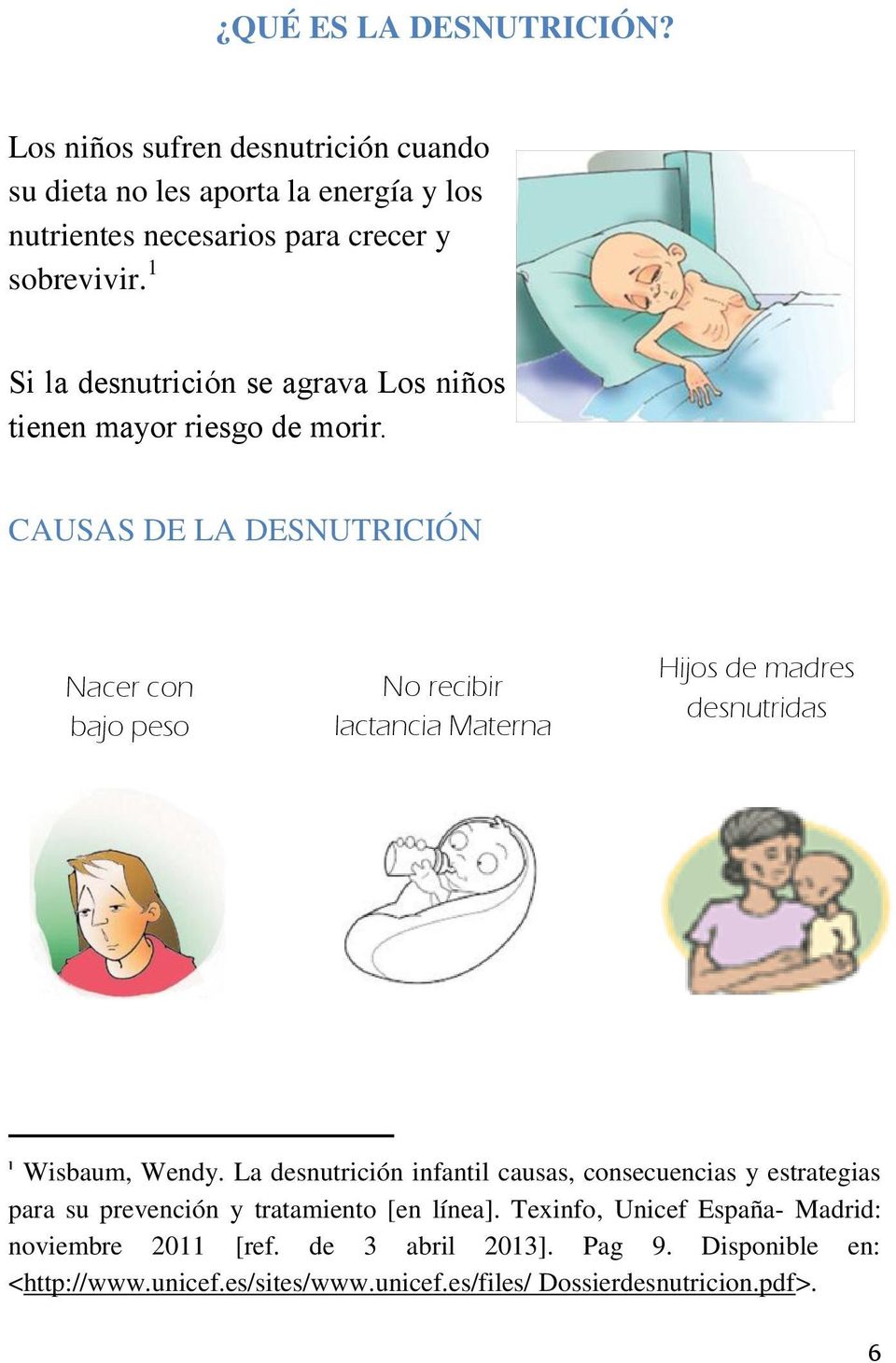 CAUSAS DE LA DESNUTRICIÓN Nacer con bajo peso No recibir lactancia Materna Hijos de madres desnutridas 1 Wisbaum, Wendy.