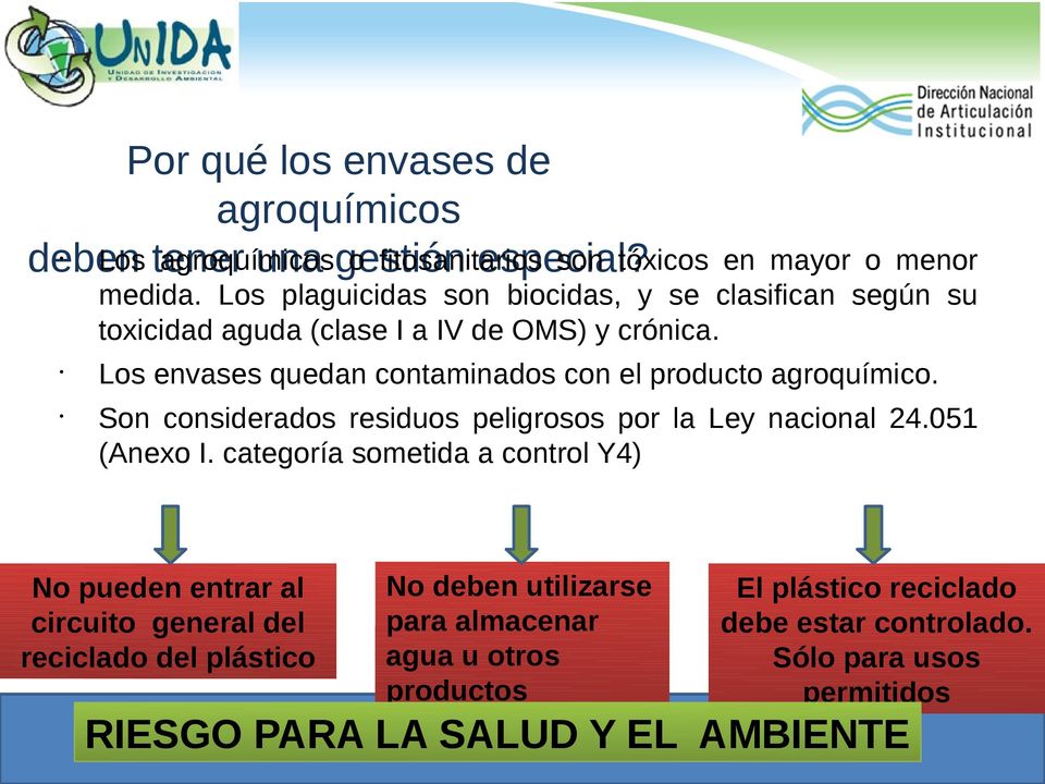 Los envases quedan contaminados con el producto agroquímico. Son considerados residuos peligrosos por la Ley nacional 24.051 (Anexo I.