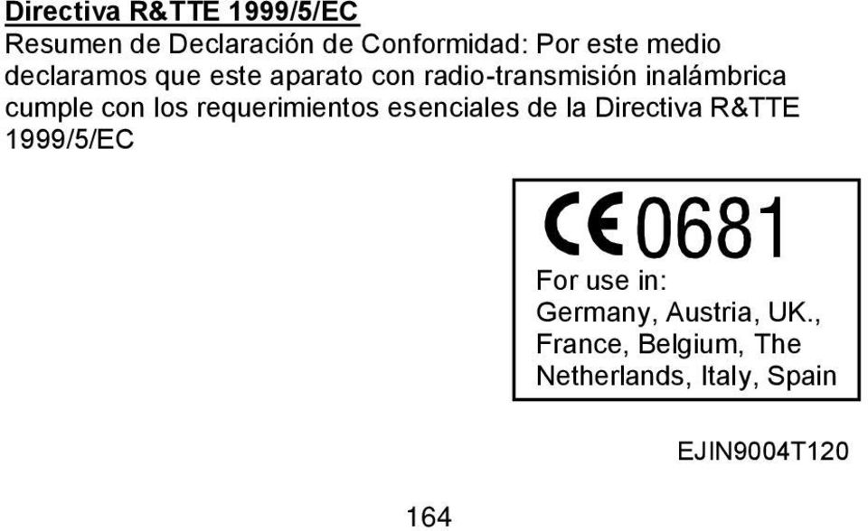 los requerimientos esenciales de la Directiva R&TTE 1999/5/EC For use in: