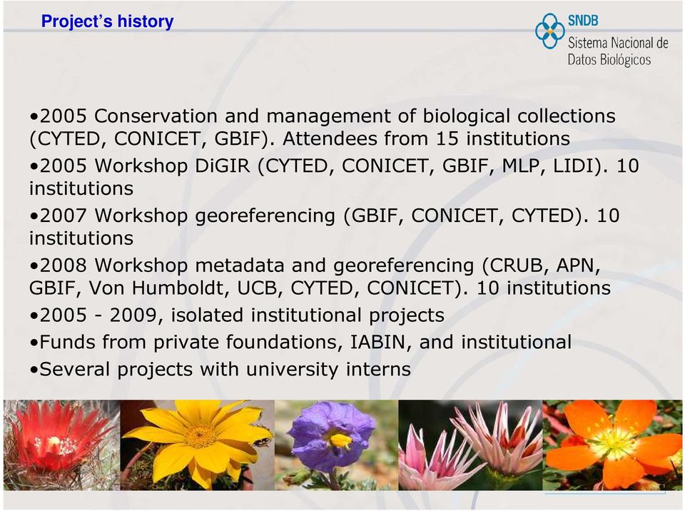 10 institutions 2007 Workshop georeferencing (GBIF, CONICET, CYTED).
