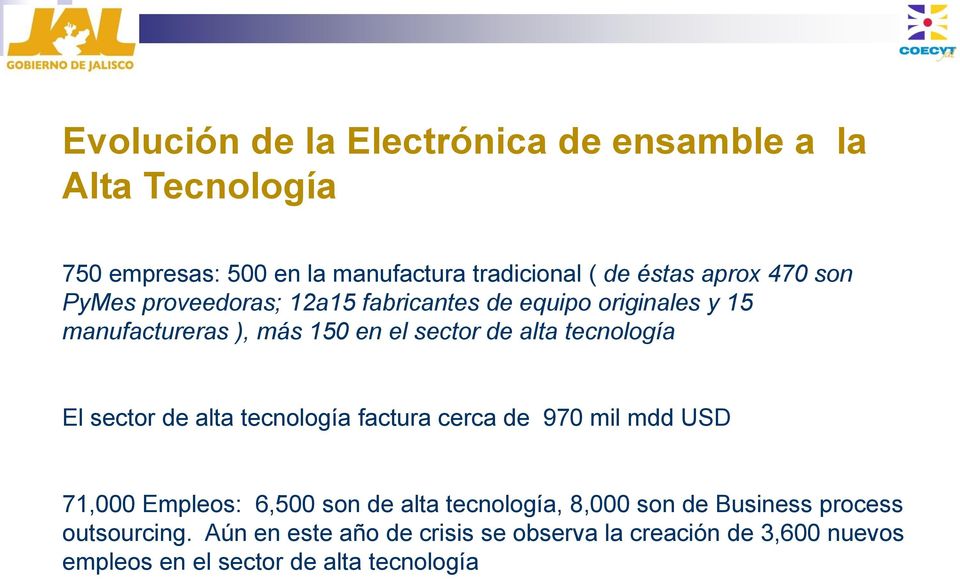 tecnología El sector de alta tecnología factura cerca de 970 mil mdd USD 71,000 Empleos: 6,500 son de alta tecnología, 8,000