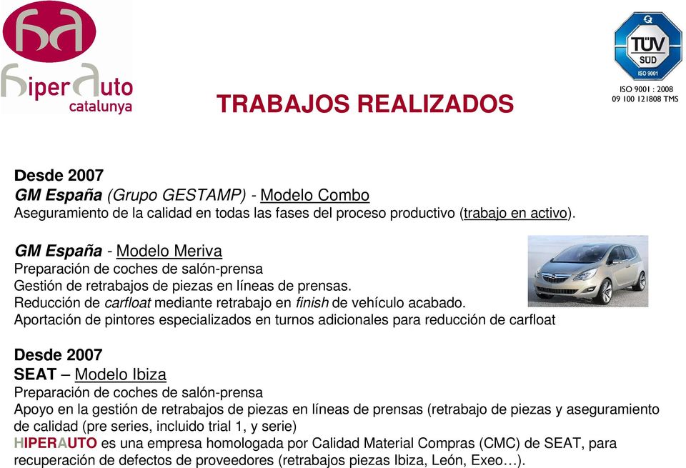 Aportación de pintores especializados en turnos adicionales para reducción de carfloat Desde 2007 SEAT Modelo Ibiza Preparación de coches de salón-prensa Apoyo en la gestión de retrabajos de piezas
