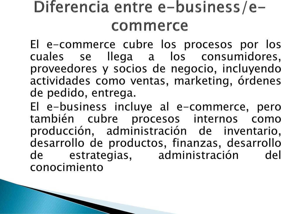 El e-business incluye al e-commerce, pero también cubre procesos internos como producción,