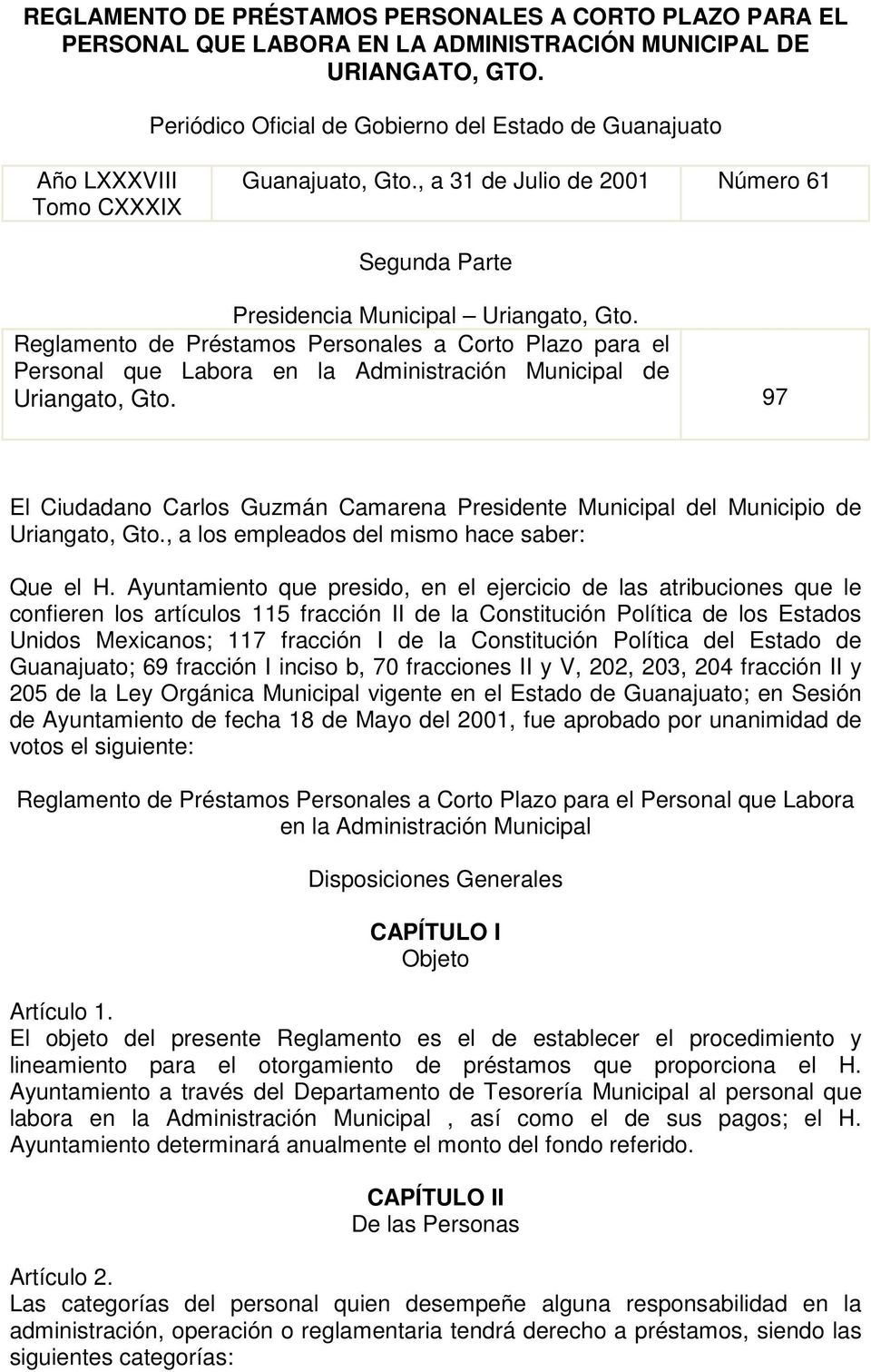 Reglamento de Préstamos Personales a Corto Plazo para el Personal que Labora en la Administración Municipal de Uriangato, Gto.