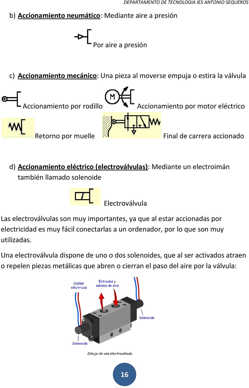 electroimán también llamado solenoide Electroválvula Las electroválvulas son muy importantes, ya que al estar accionadas por electricidad es muy fácil conectarlas a un ordenador, por