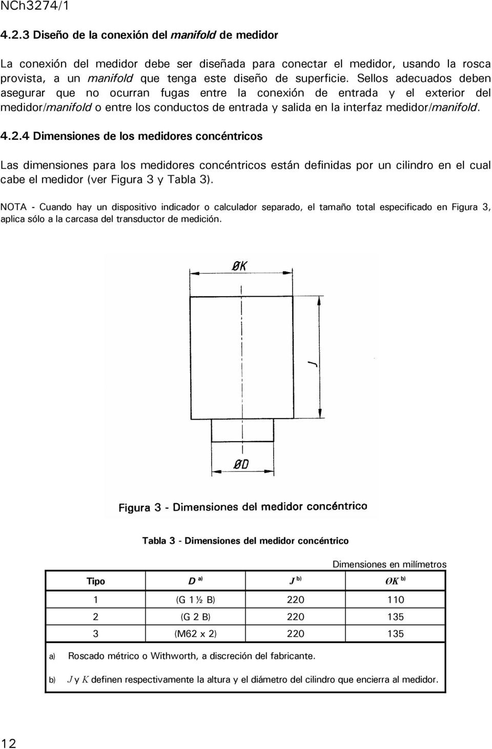 4 Dimensiones de los medidores concéntricos Las dimensiones para los medidores concéntricos están definidas por un cilindro en el cual cabe el medidor (ver Figura 3 y Tabla 3).
