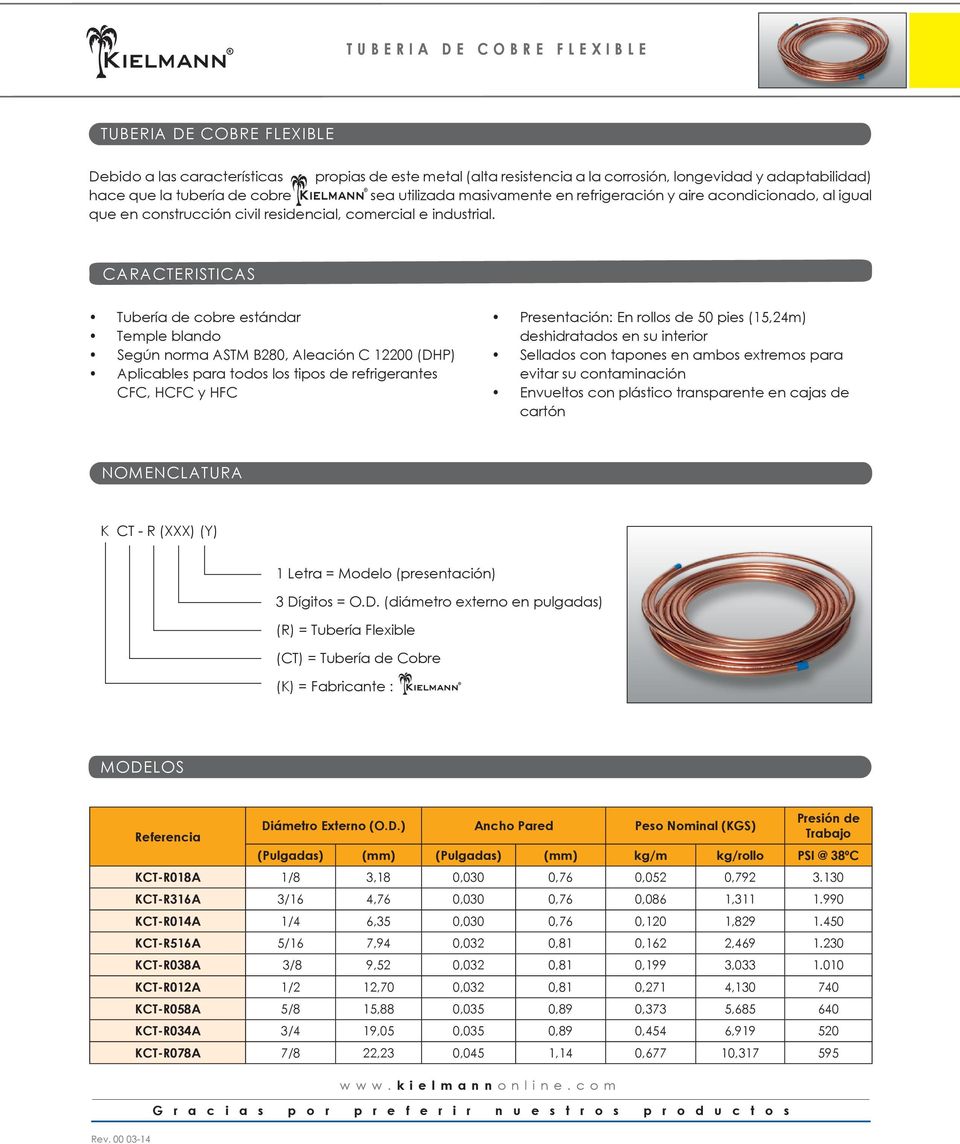 CARACTERISTICAS Tubería de cobre estándar Temple blando Según norma ASTM B280, Aleación C 12200 (DHP) Aplicables para todos los tipos de refrigerantes CFC, HCFC y HFC Presentación: En rollos de 50
