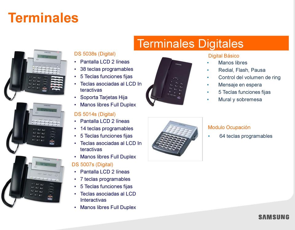 DS 5007s (Digital) Pantalla LCD 2 líneas 7 teclas programables 5 Teclas funciones fijas Teclas asociadas al LCD Interactivas Manos libres Full Duplex Terminales Digitales