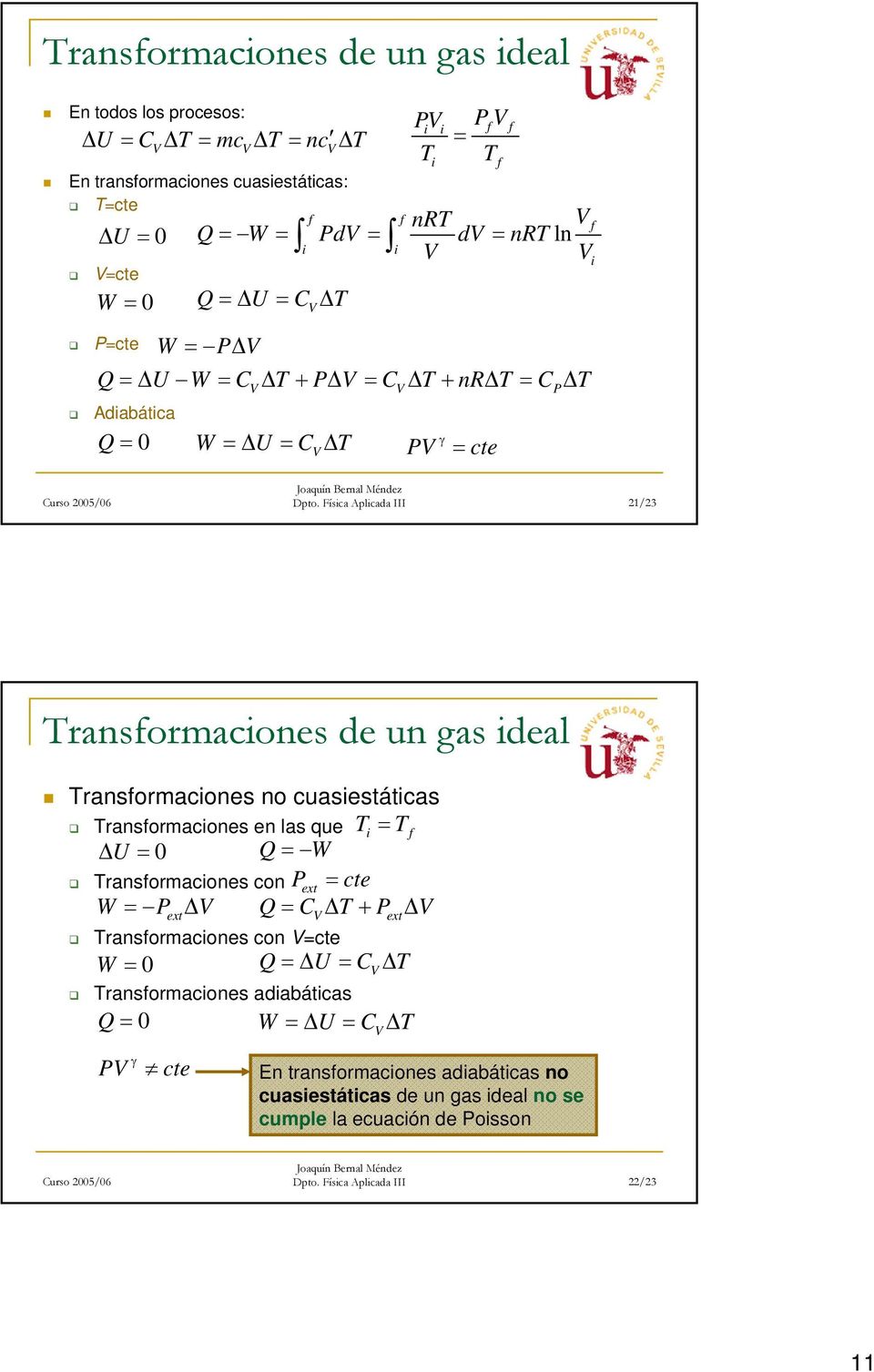 Física Aplicada III 1/3 Transformaciones de un gas ideal Transformaciones no cuasiestáticas Transformaciones en las que Ti Tf U 0 Q W Transformaciones con ext