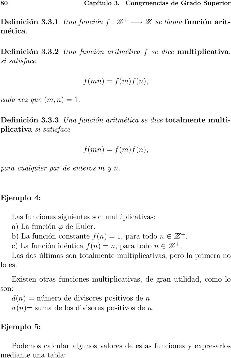 Ejemplo 4: Las funciones siguientes son multiplicativas: a) La función ϕ de Euler. b) La función constante f(n) = 1, para todo n Z +. c) La función idéntica f(n) = n, para todo n Z +.