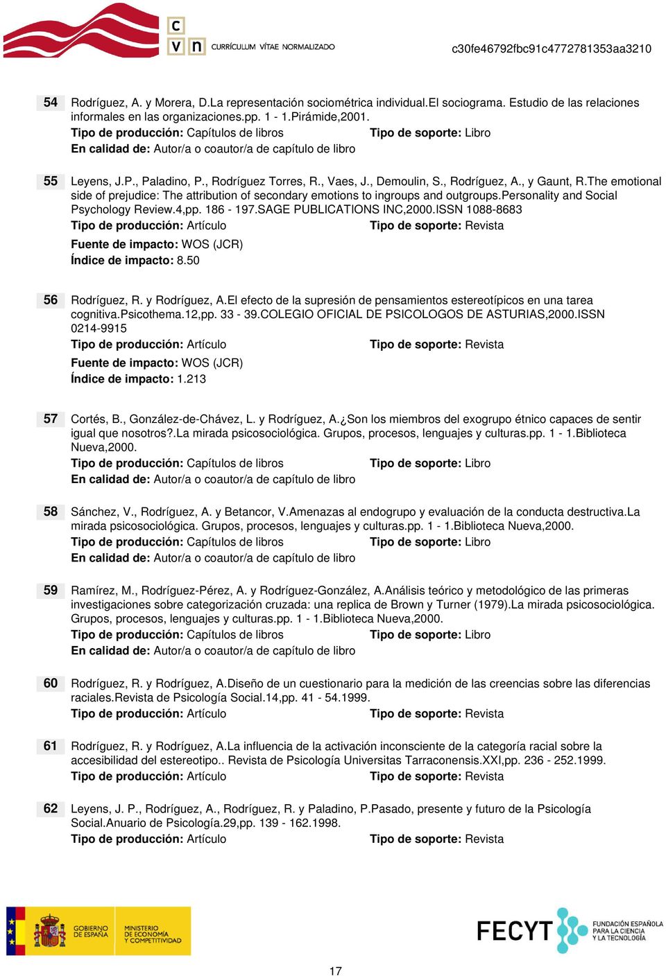 personality and Social Psychology Review.4,pp. 186-197.SAGE PUBLICATIONS INC,2000.ISSN 1088-8683 Índice de impacto: 8.50 56 Rodríguez, R. y Rodríguez, A.
