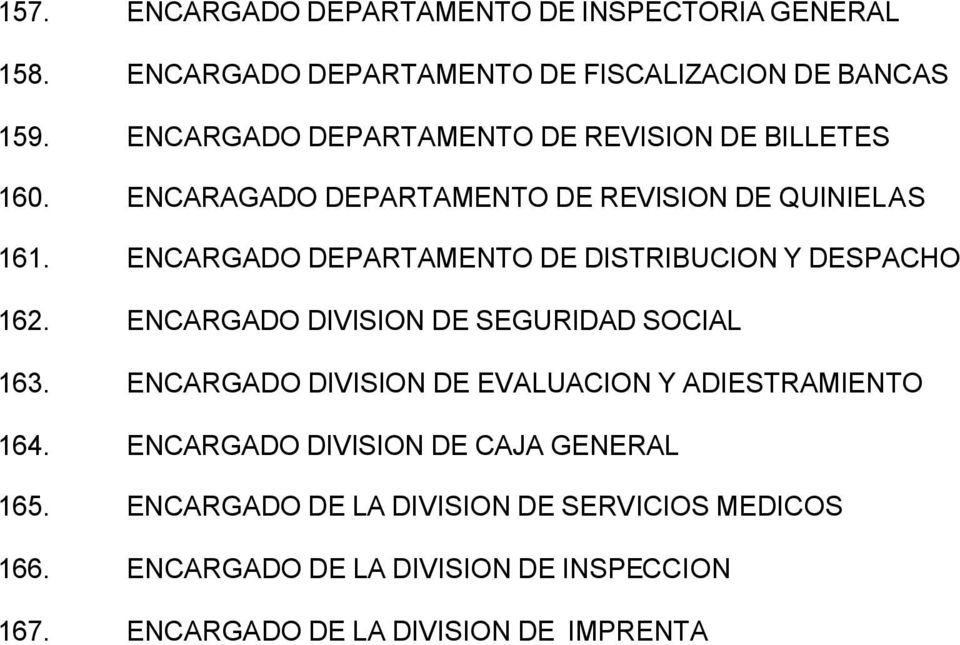 ENCARGADO DEPARTAMENTO DE DISTRIBUCION Y DESPACHO 162. ENCARGADO DIVISION DE SEGURIDAD SOCIAL 163.