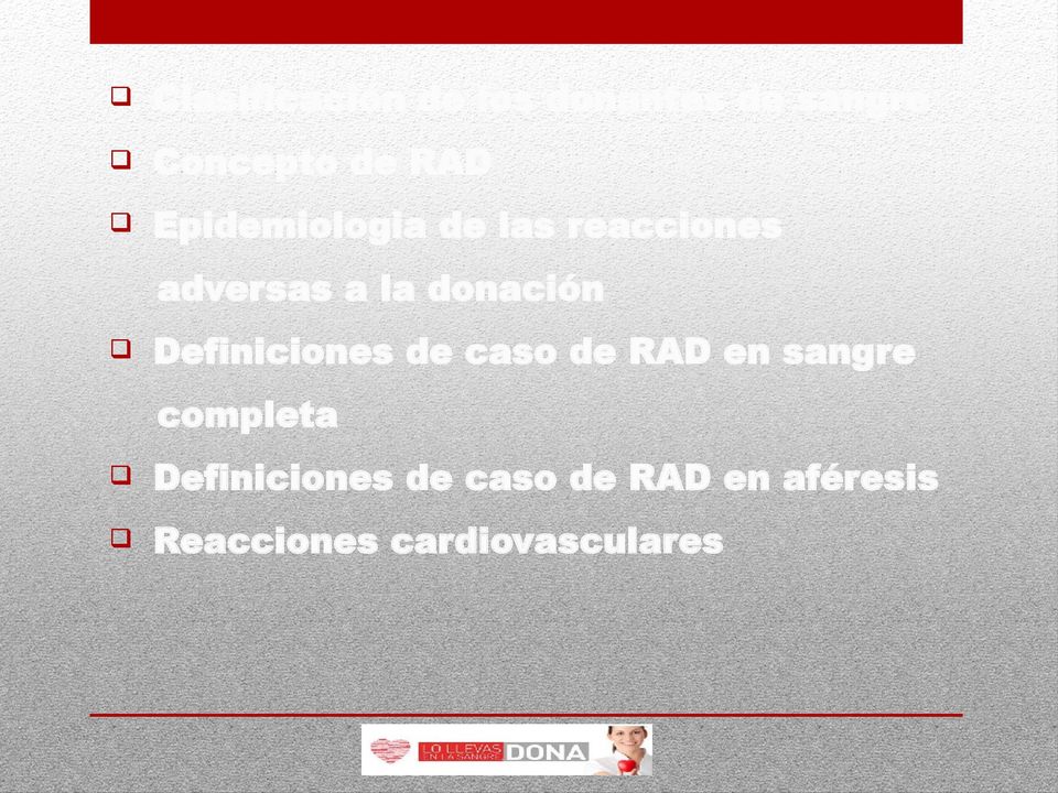 Definiciones de caso de RAD en sangre completa