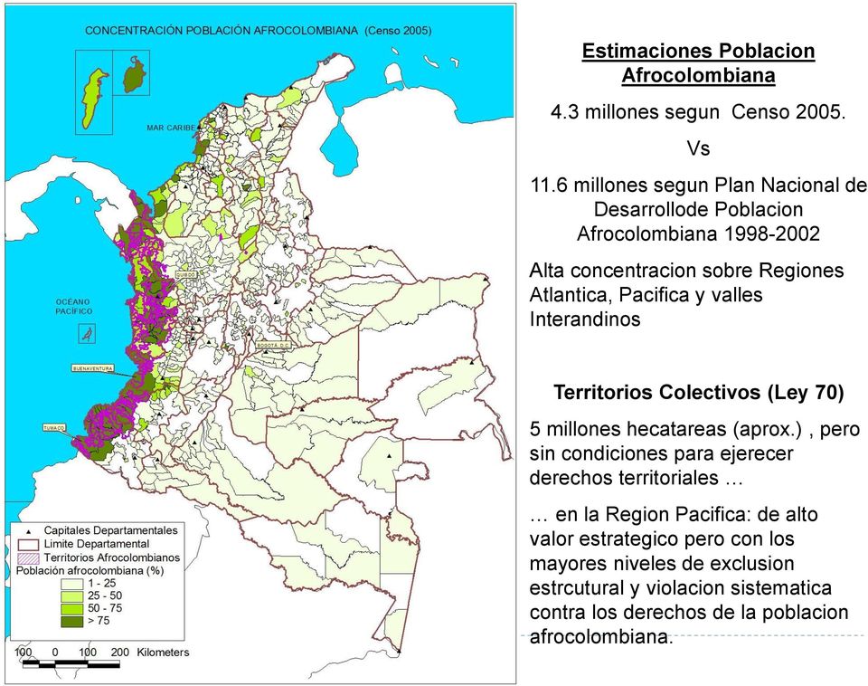Pacifica y valles Interandinos Territorios Colectivos (Ley 70) 5 millones hecatareas (aprox.