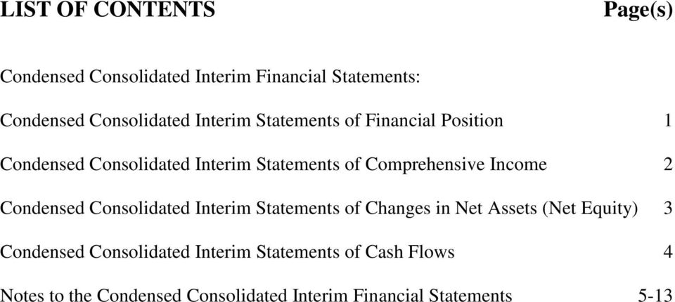 Income 2 Condensed Consolidated Interim Statements of Changes in Net Assets (Net Equity) 3 Condensed