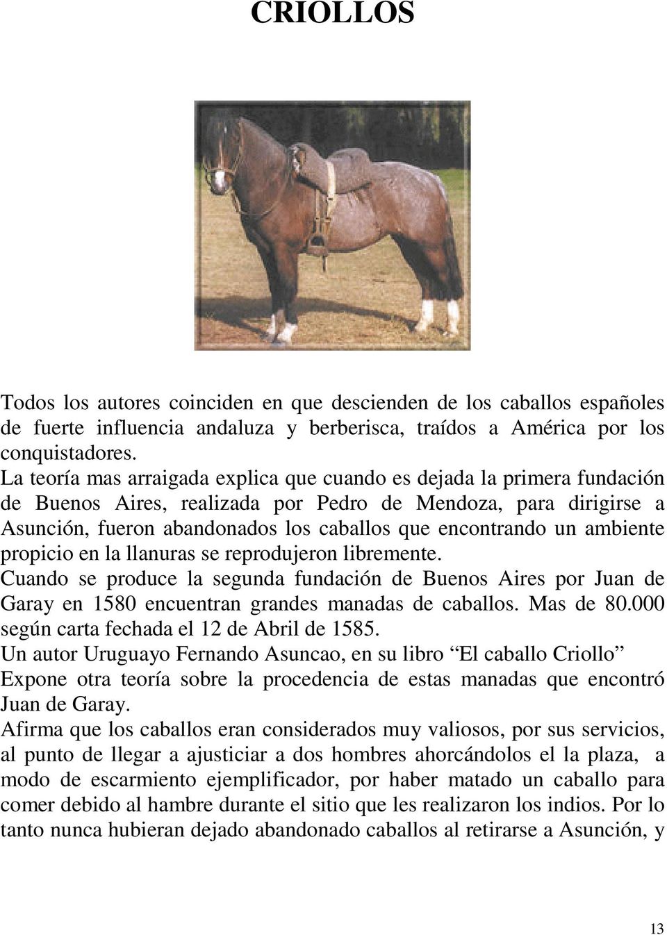 un ambiente propicio en la llanuras se reprodujeron libremente. Cuando se produce la segunda fundación de Buenos Aires por Juan de Garay en 1580 encuentran grandes manadas de caballos. Mas de 80.
