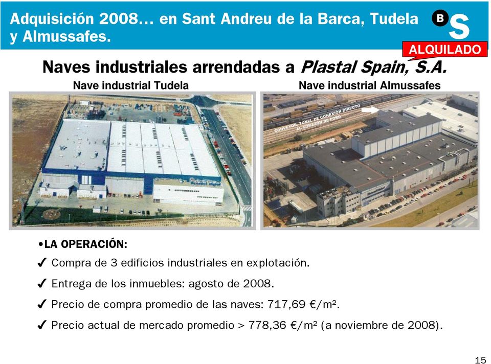 LA OPERACIÓN: Compra de 3 edificios industriales en explotación. Entrega de los inmuebles: agosto de 2008.