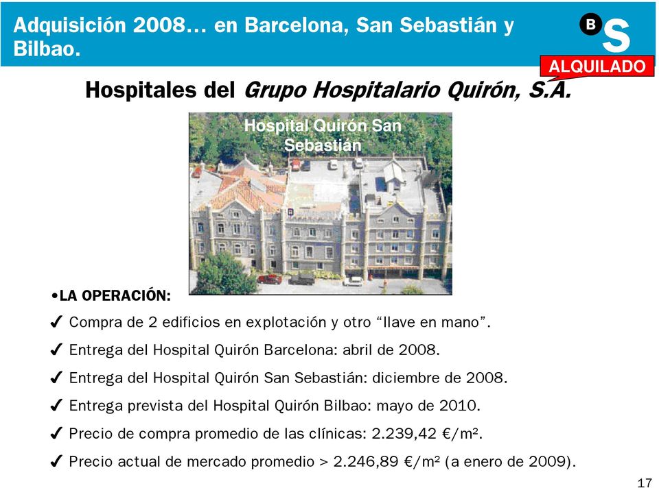 Entrega prevista del Hospital Quirón Bilbao: mayo de 2010. Precio de compra promedio de las clínicas: 2.239,42 /m².
