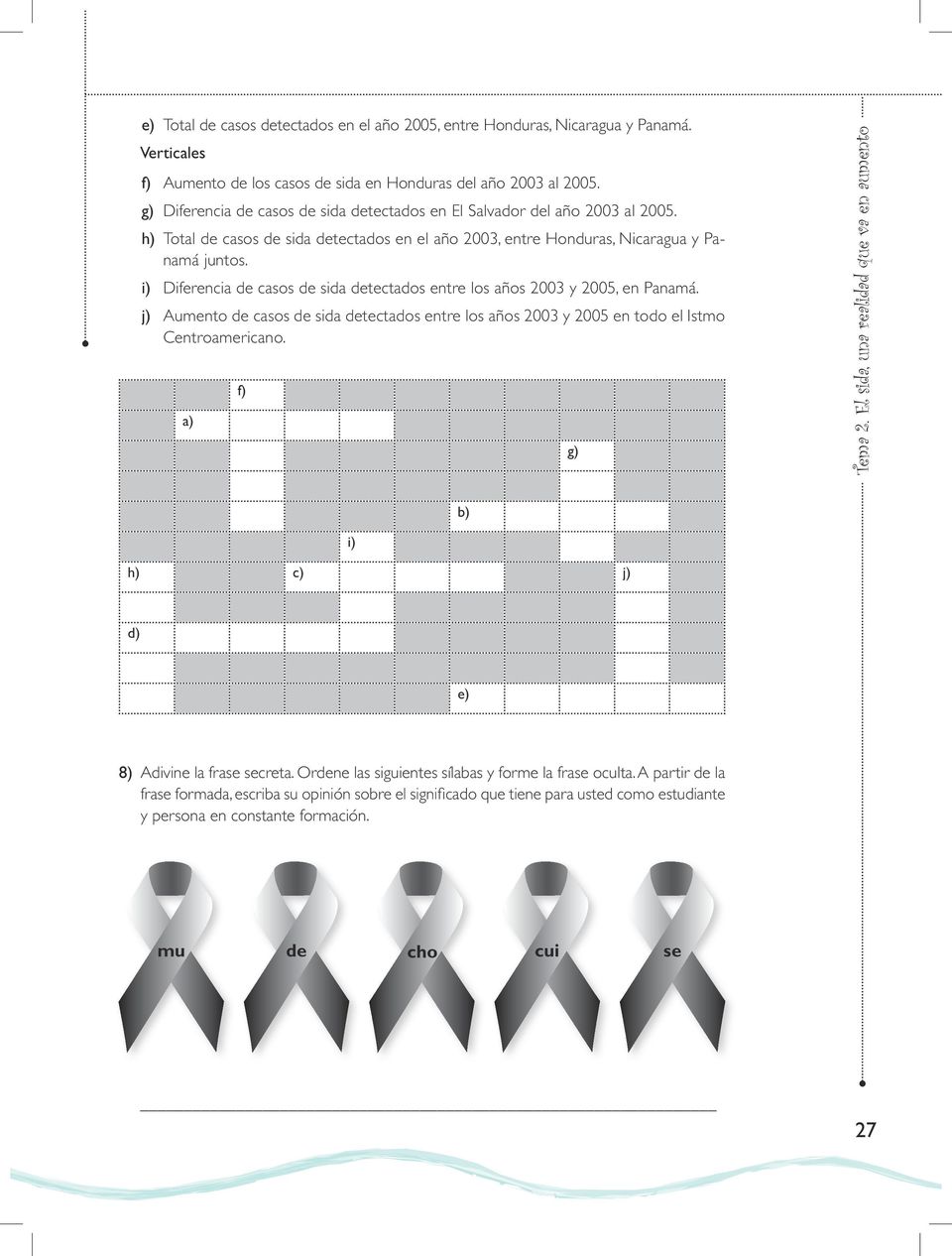 i) Diferencia de casos de sida detectados entre los años 2003 y 2005, en Panamá. j) Aumento de casos de sida detectados entre los años 2003 y 2005 en todo el Istmo Centroamericano. a) f) g) Tema 2.
