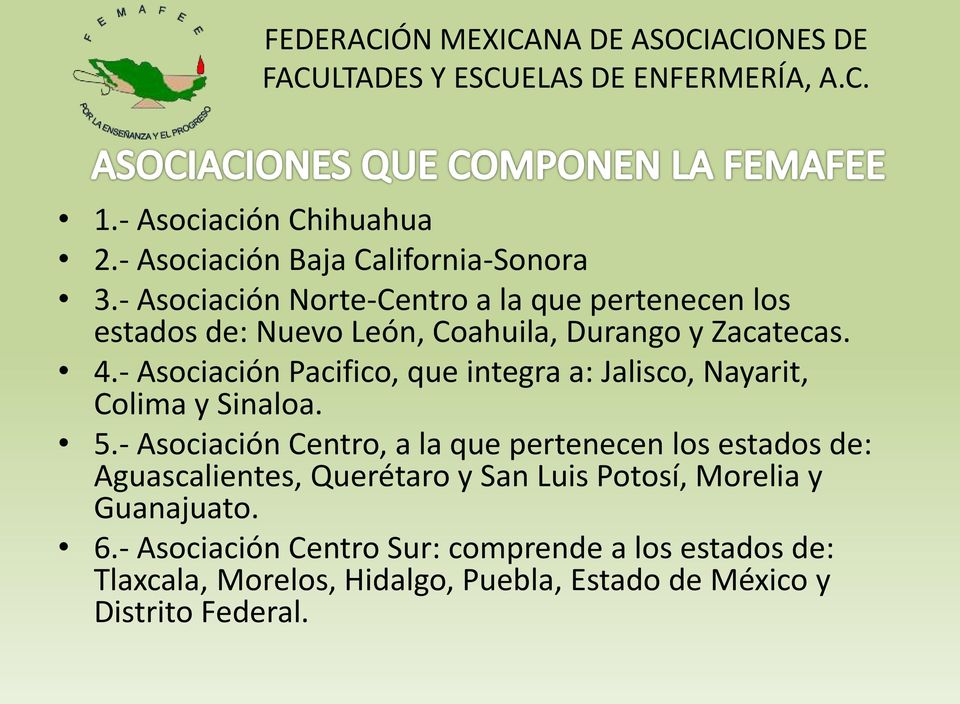 - Asociación Pacifico, que integra a: Jalisco, Nayarit, Colima y Sinaloa. 5.