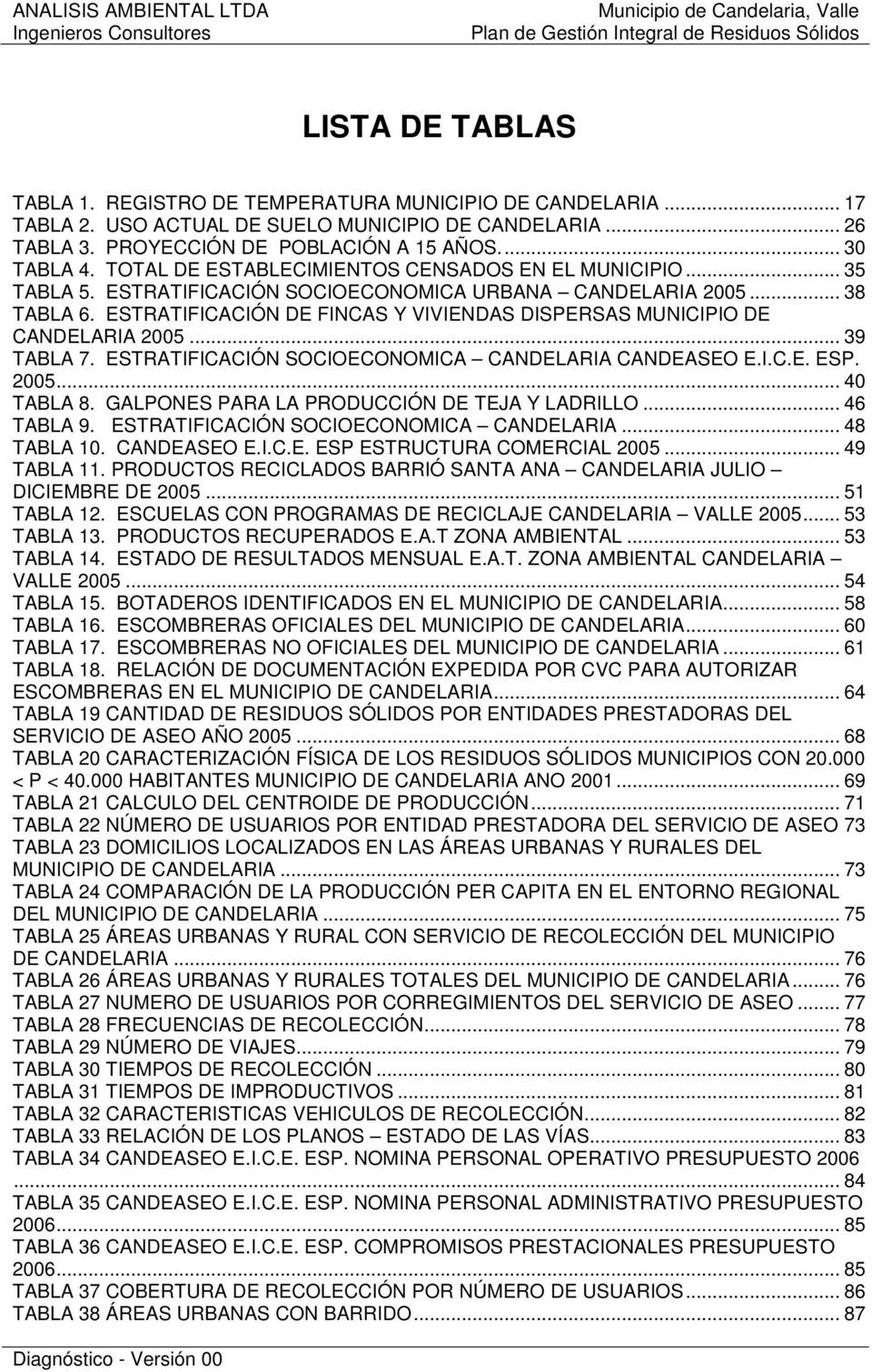 ESTRATIFICACIÓN DE FINCAS Y VIVIENDAS DISPERSAS MUNICIPIO DE CANDELARIA 2005... 39 TABLA 7. ESTRATIFICACIÓN SOCIOECONOMICA CANDELARIA CANDEASEO E.I.C.E. ESP. 2005... 40 TABLA 8.