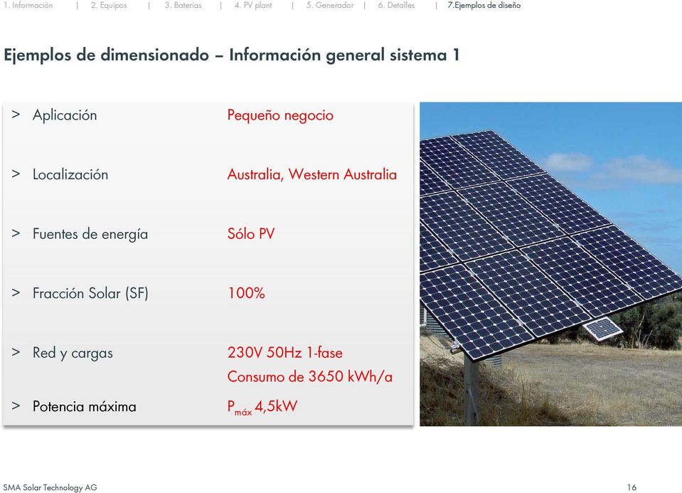 energía Sólo PV > Fracción Solar (SF) 100% > Red y cargas 230V 50Hz