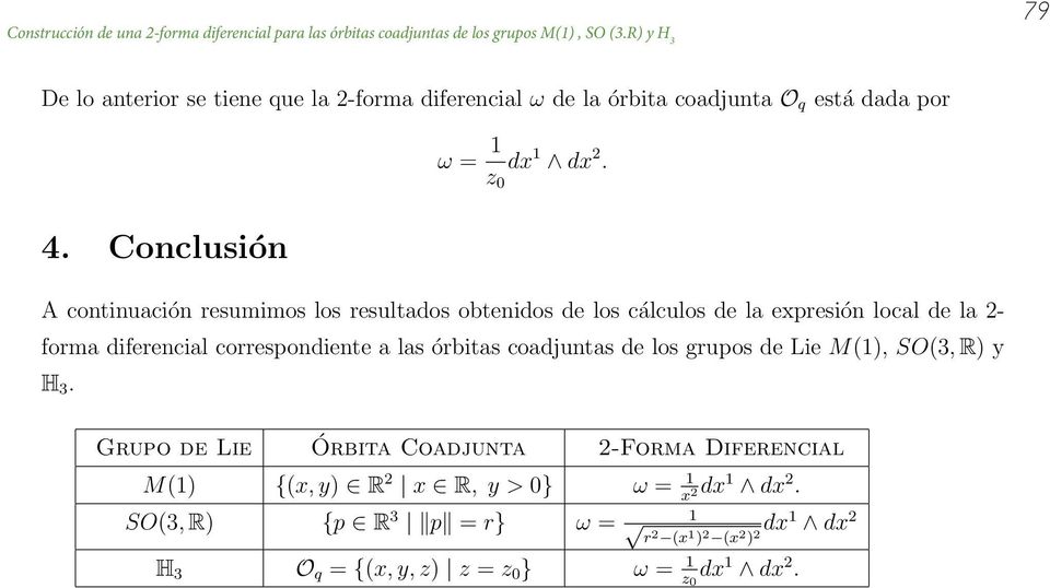 Conclusión A continuación resumimos los resultados obtenidos de los cálculos de la exresión local de la 2- forma diferencial corresondiente a las